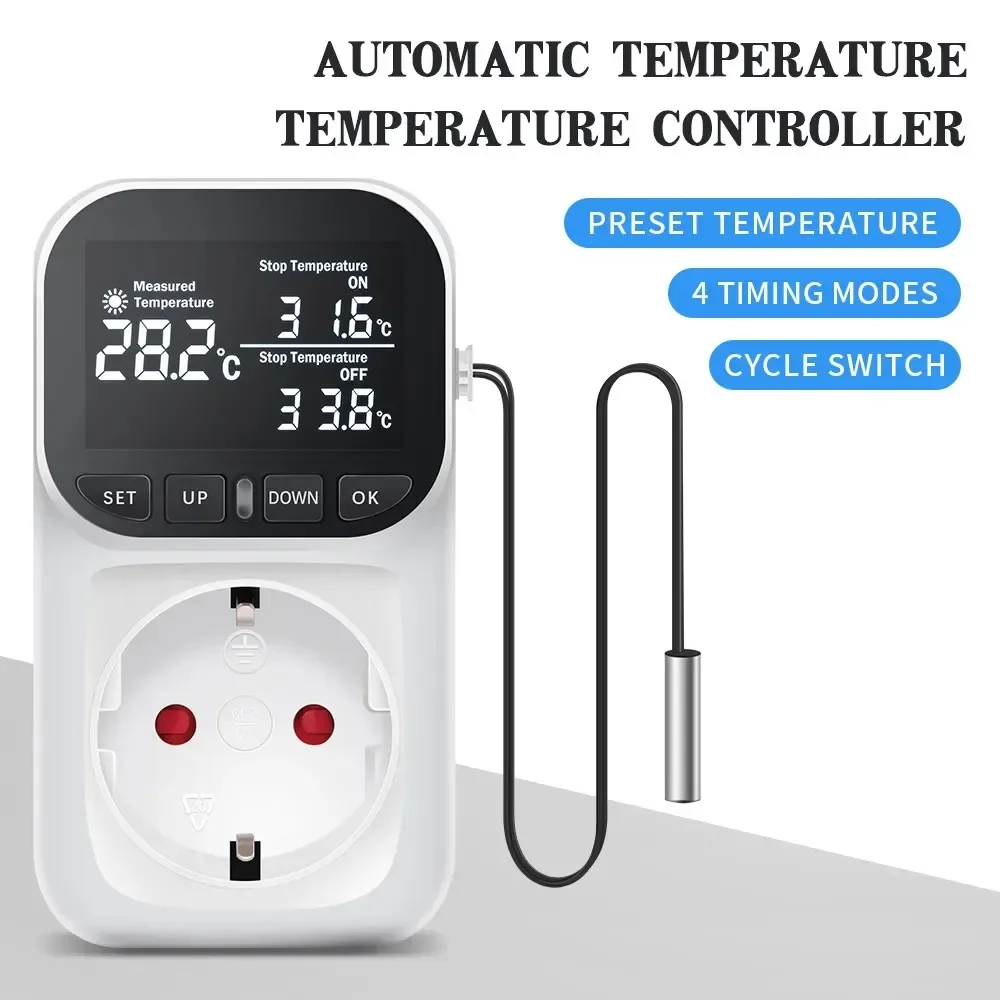 Digital Temperature Controller Socket Lcd Display Digital Thermostat Preset Timer Switch Cooling Heating Temperature Sensor