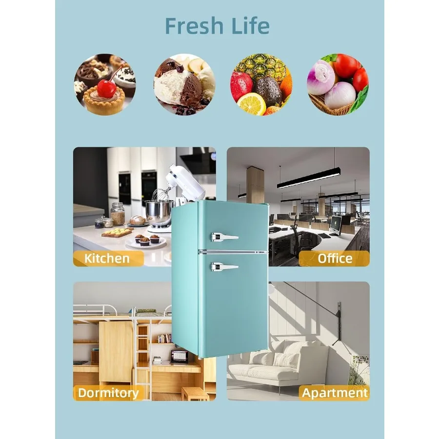 Compact Refrigerator 3.5 Cu.Ft Retro Mini Fridge with Freezer Dual Door Small Refrigerator with 7 TEMP Modes LED Lights Removab