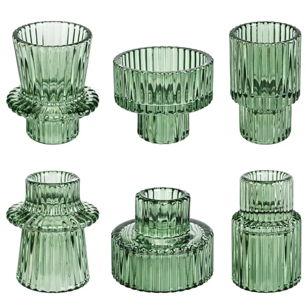 Glass Taper Candle Holder Short Small Boho Ribbed Votive Candlestick Holder for Table Centerpiece Wedding Decor and Dinner Party