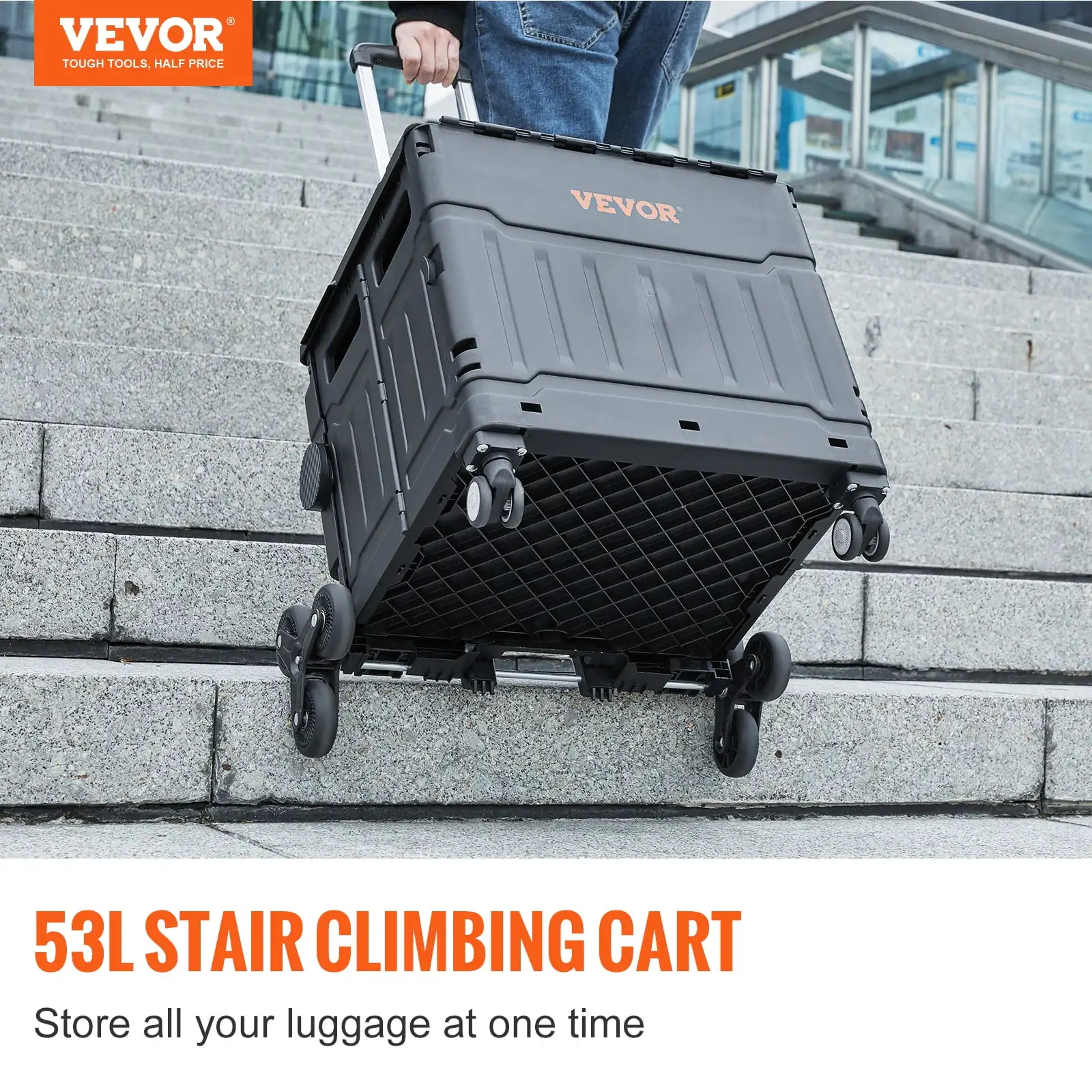 Stair Climbing Cart 53L Foldable Shopping Cart w/ Lid & Adjustable Handle