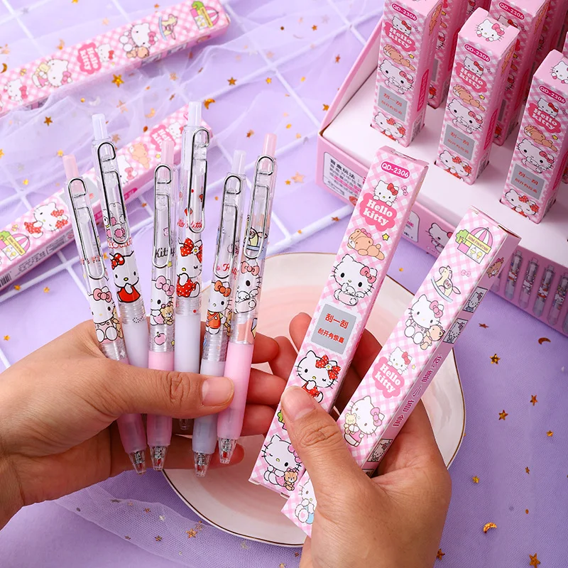 24 Uds Sanrio Hello Kitty chica de dibujos animados lindo gato Scratch Off Ticket creatividad caja ciega bolígrafo de clic bolígrafo Neutral bolígrafo de muestra versátil