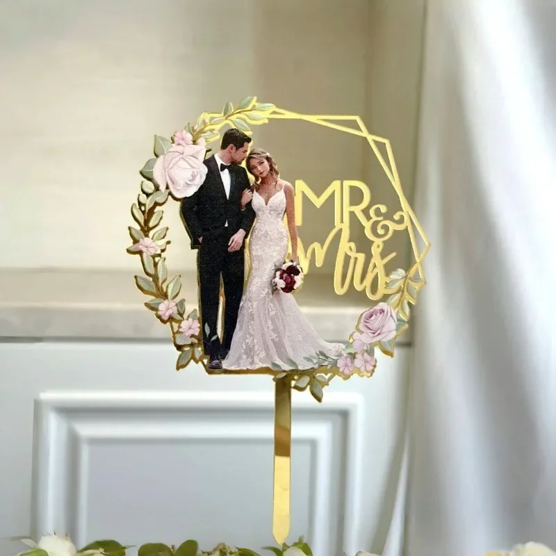 Gold Acrylic Love Wedding Mr&Mrs Cake Topper Wooden Bride and Groom Cake Topper for Wedding Engagement Party Cake Decorations