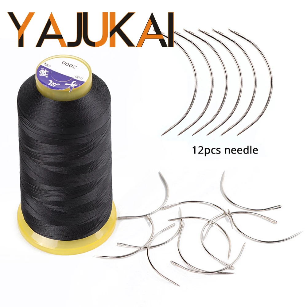 Strength Polyester Thread Sewing Thread for Making Wigs Hair Extension Kit Black Hair Weaving Thread with 12pcs C Needls