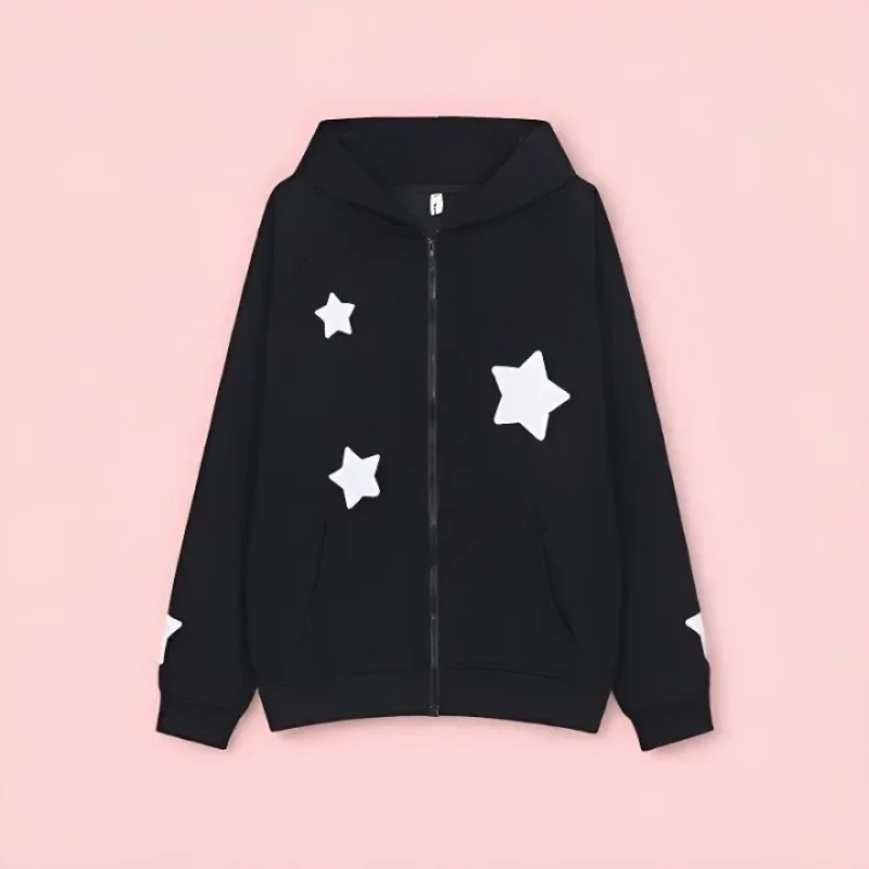 Korean style angel wings cat ears star print women's hoodie Autumn and Winter Japanese cute plus thick women's tops Y2K emo