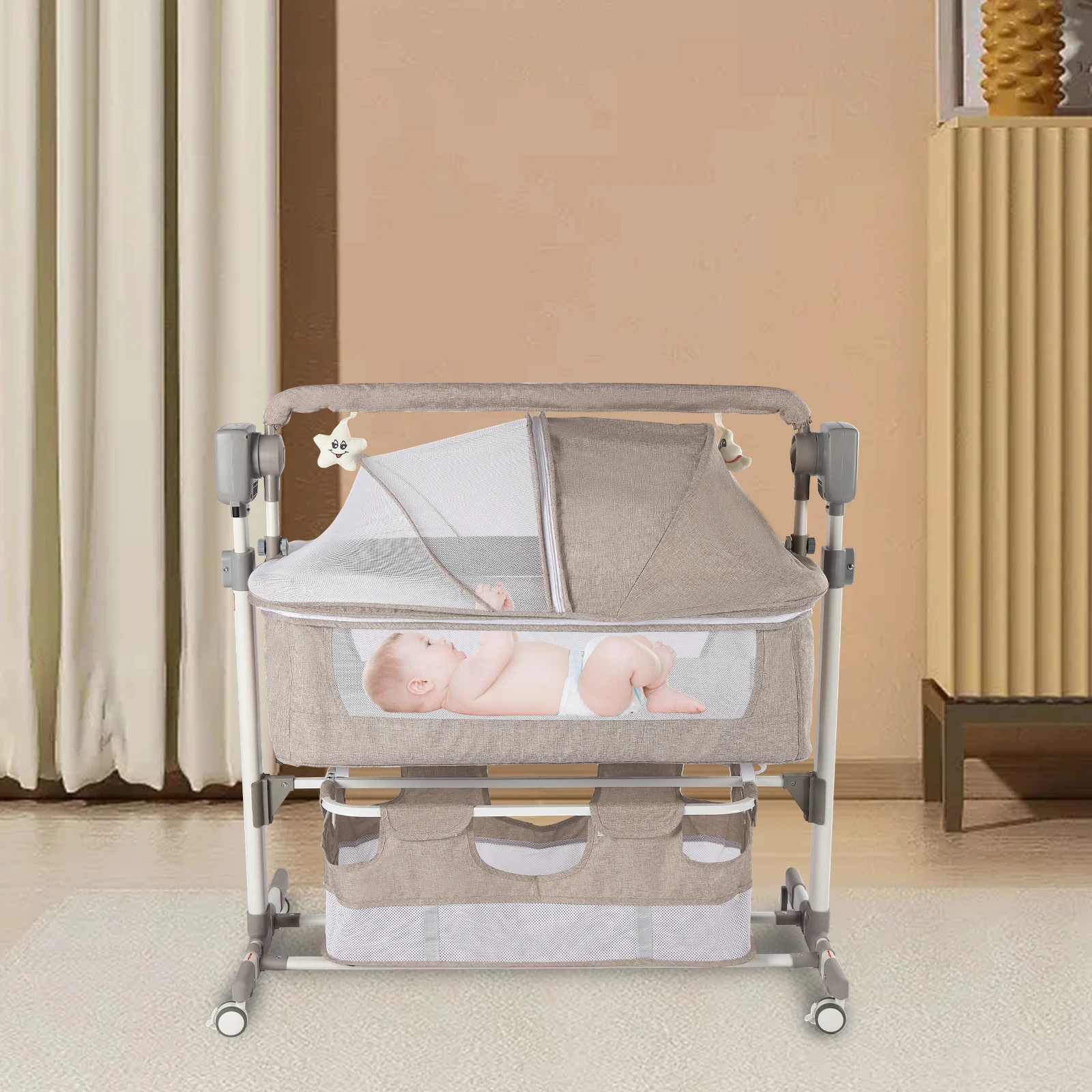 Portable Baby Bed Height Adjustable Bedside Sleeper Music Play Automatic Cradle with Timing Function & 5-Speed