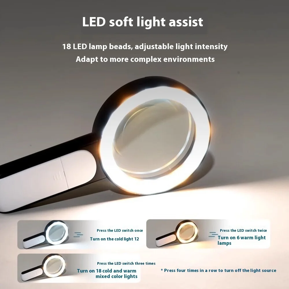 30X Handheld Magnifier with 18 LED Lights Adjustable Cool Warm Light Perfect for Elderly Reading Crafts Close Work