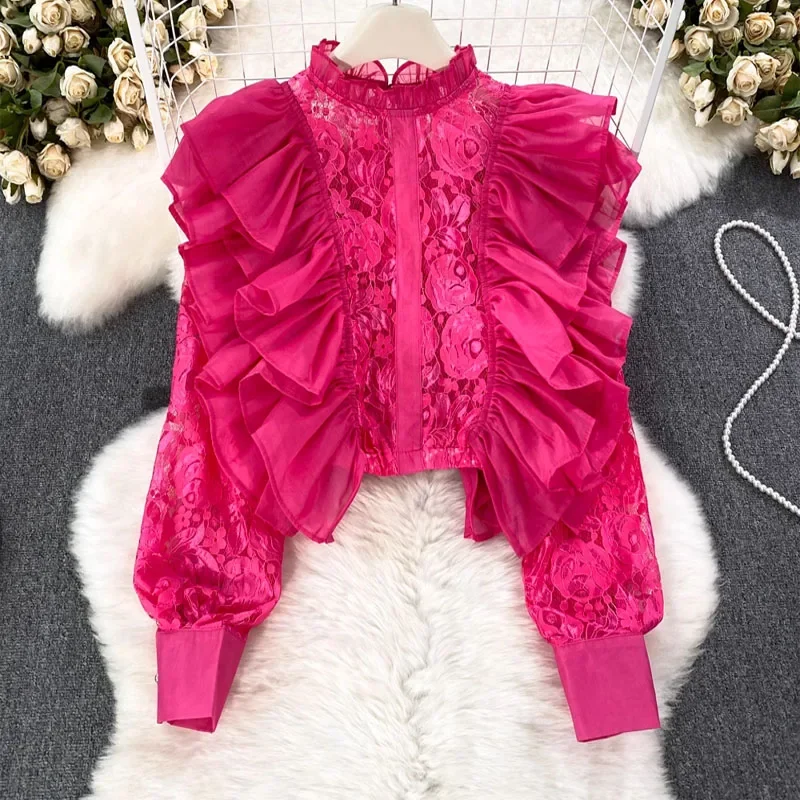 Stand Neck Chiffon Patchwork Ruffles Shirts Vintage Women Clothing Blusas Mujer