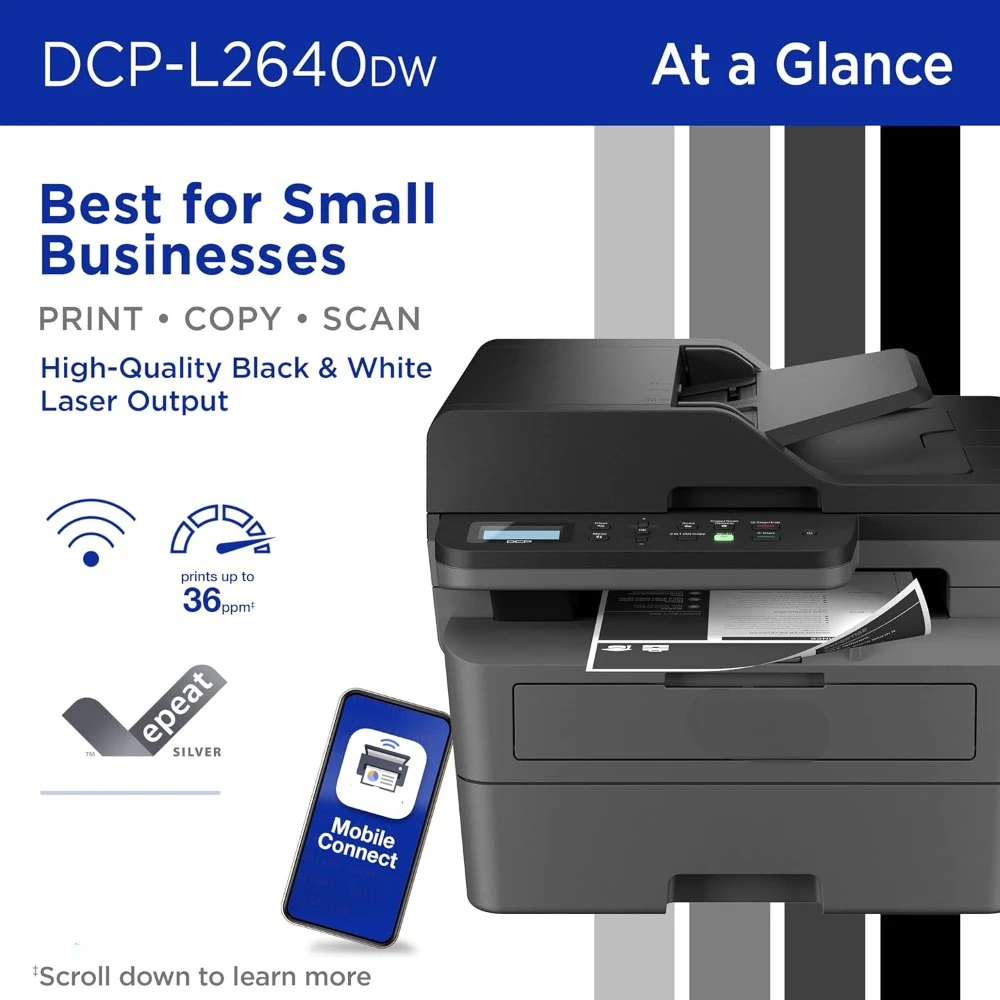 DCP-L2640DW Wireless Compact Monochrome Multi-Function Laser Printer with Copy and Scan, Duplex, Mobile, Black