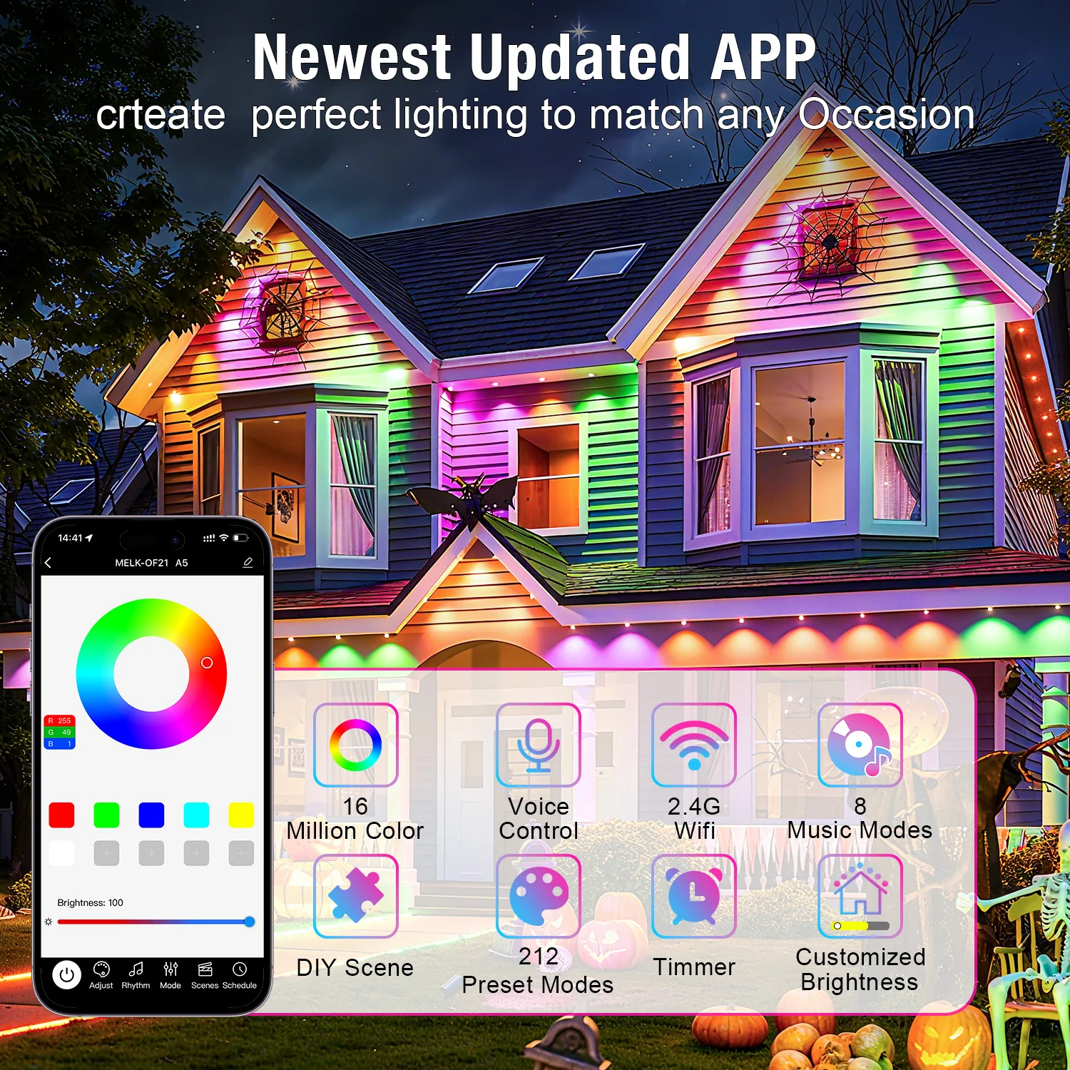 10M/15M/30M Eaves Lighting Outdoor Smart Rainbow Led Permanent DIY Remote Control Waterproof RGB String Light Christmas Decor