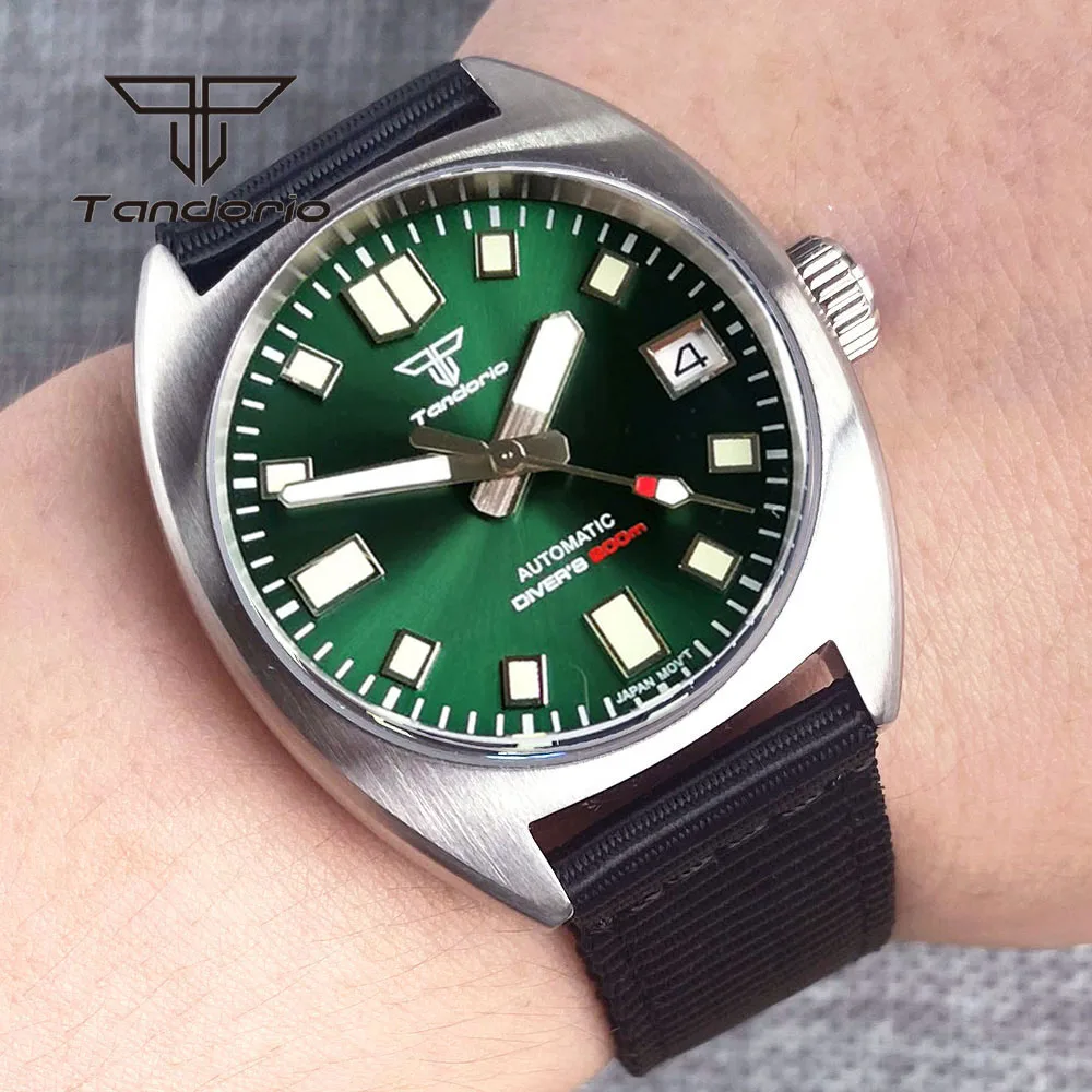 Tandorio Kleid 200m 36mm automatische Herren Taucher uhr nh35a pt5000 doppelt gewölbte Ar Saphir Sunburst Zifferblatt Datum Nylon armband leuchtend