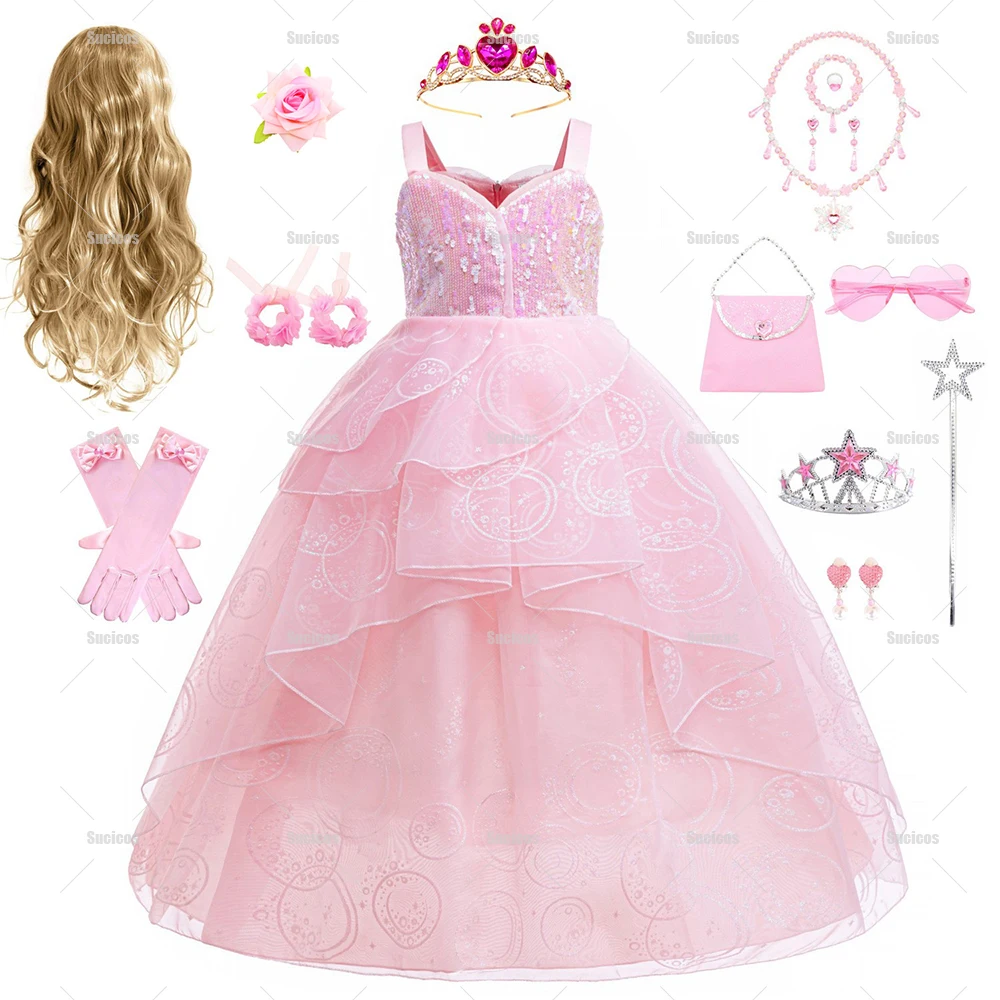 

Kids Girls Wicked Glinda Cosplay Costume Glinda Pink Princess Dress Costume For Girl Halloween Carnival Roleplay Party Costume
