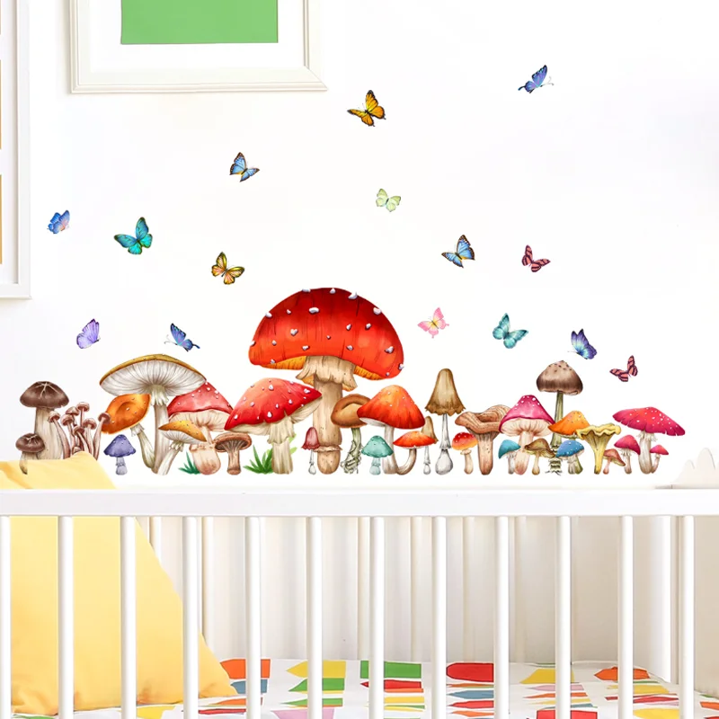 Plant Colored Mushroom Butterfly Wall Sticker Window Glass Sticker Bathroom Decor Self-adhesive Removable Waterproof Antifouling