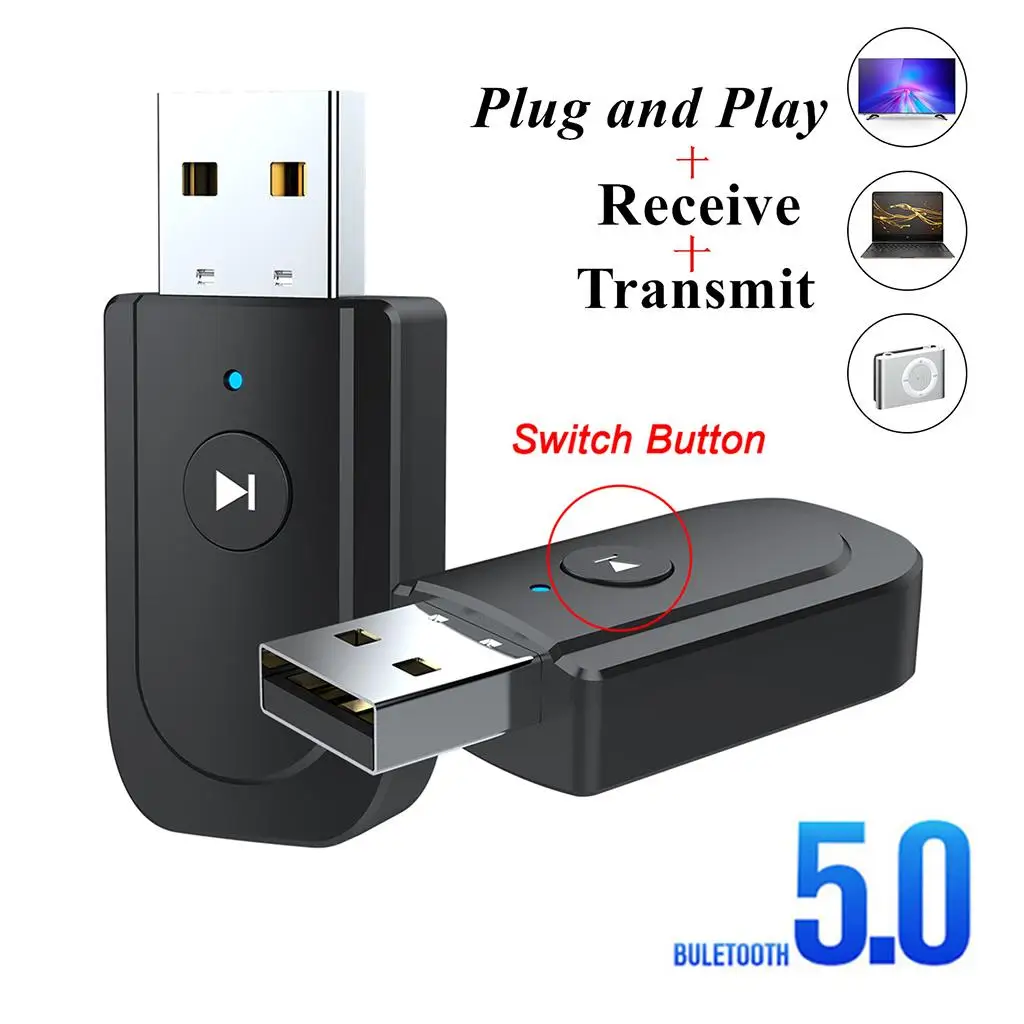 

3 in 1 Bluetooth 5.0 USB Adapter Transmitter Receiver Portable Wireless Audio Converter for Laptop PC Car Speaker Black Universa