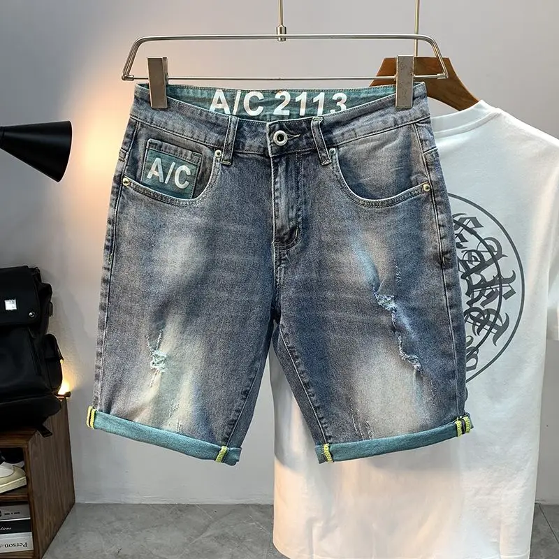 Korean Luxury Clothing 2024 Summer Cowboy Casual Denim Knee Length Shorts Men Washed Designer Boyfriend Short Jeans Trousers