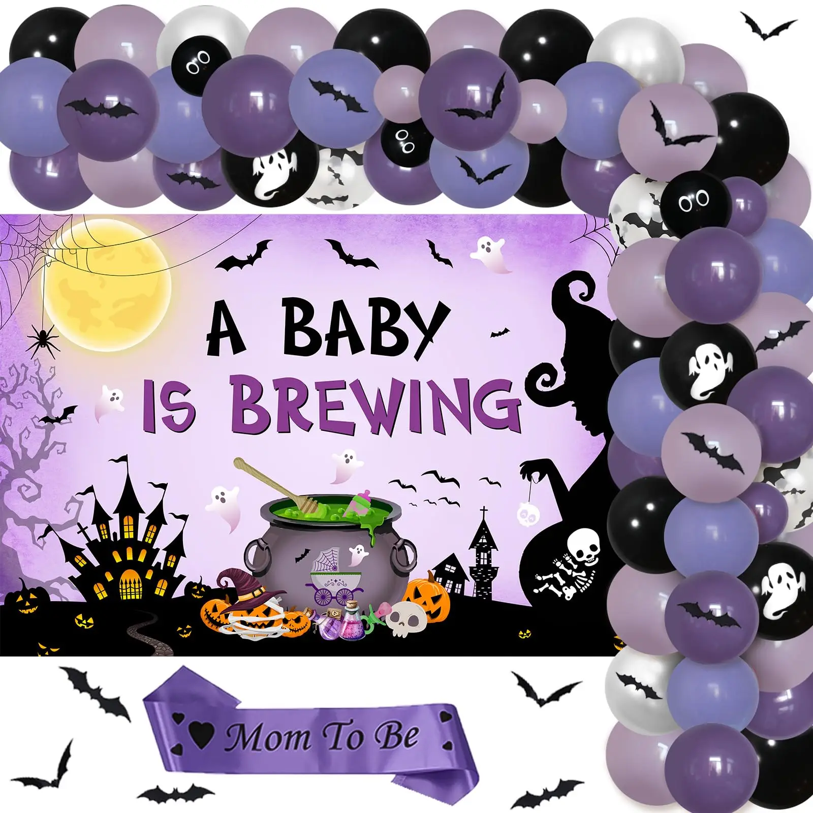 

Kreatwow A Baby is Brewing Halloween Decorations - Purple Theme Backdrop, Balloon Garland Mom to Be Sash Hat Ghost Balloons