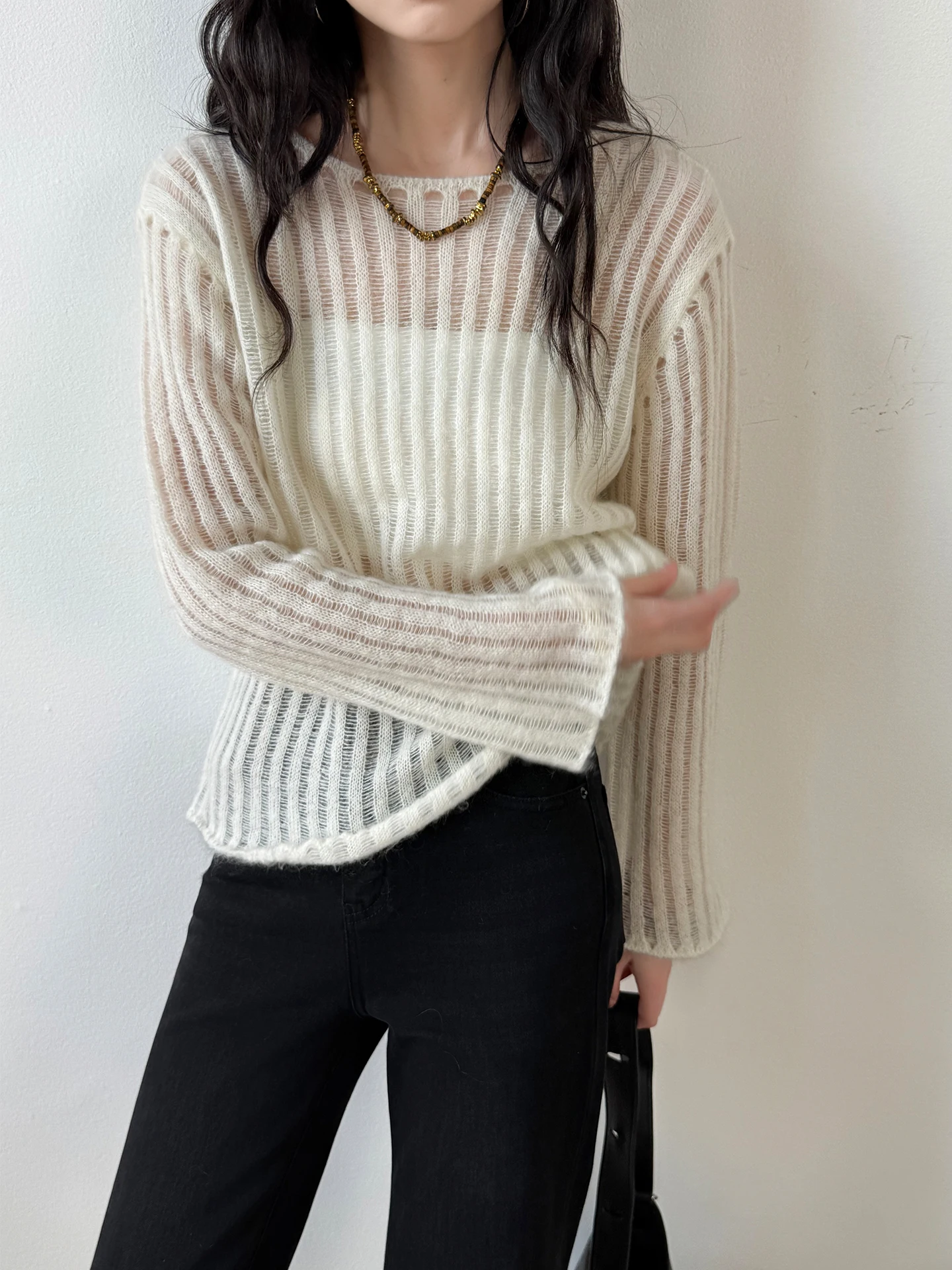 

Loose Fit round Ne Camere Knitwear Women's Early Autumn New Sle Versatile Stripe Sweater Comfortable Soft Wool Blend