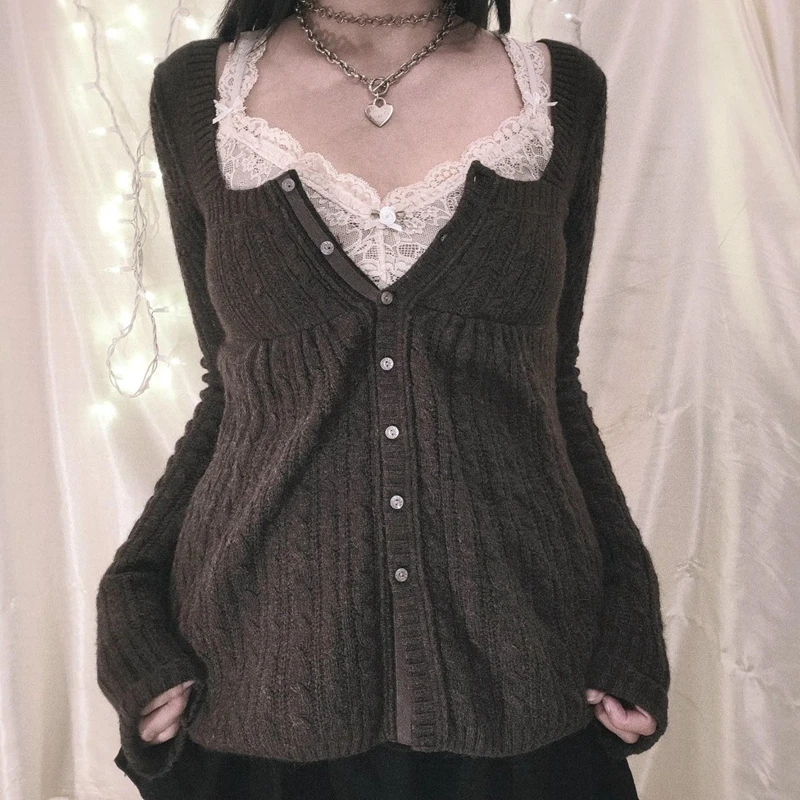 00S Esthetische Kawaii Knitwear T-Shirt Vrouwen Kleding Coquette Grunge Y 2K 00S Vintage Trui Single Breasted Lange Mouw Vest