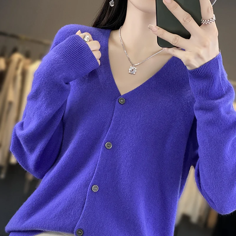 New Women\'s V-neck thin Cardigan 100% Wool Comfortable Soft Knitwear Solid Color Cardigan WQ015