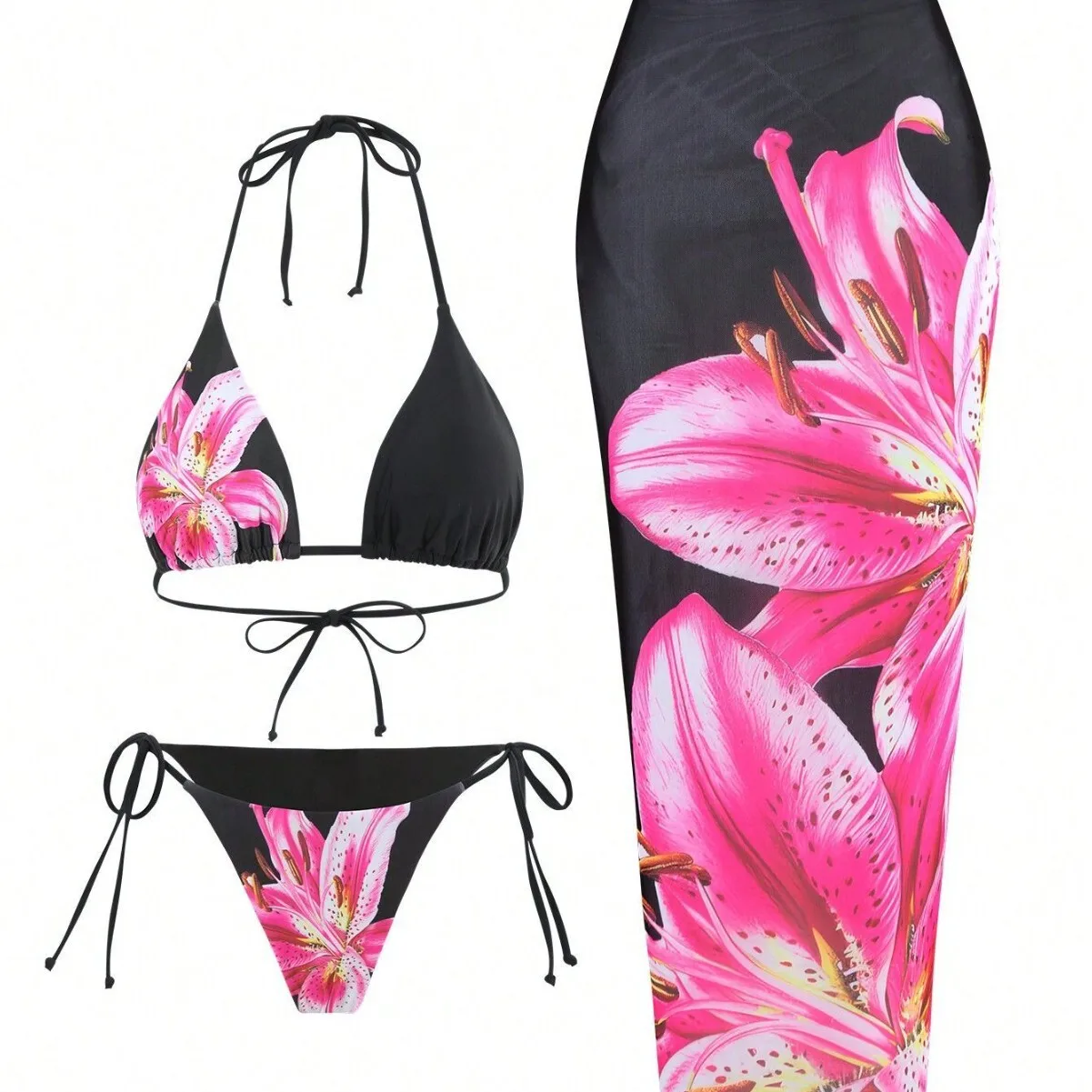 

New 2024 Women's Tee-Piece Bikini Set Sexy Lilies Print High-End Beachwear Floral Swimsuit with Cover-Up for Swimming And S...
