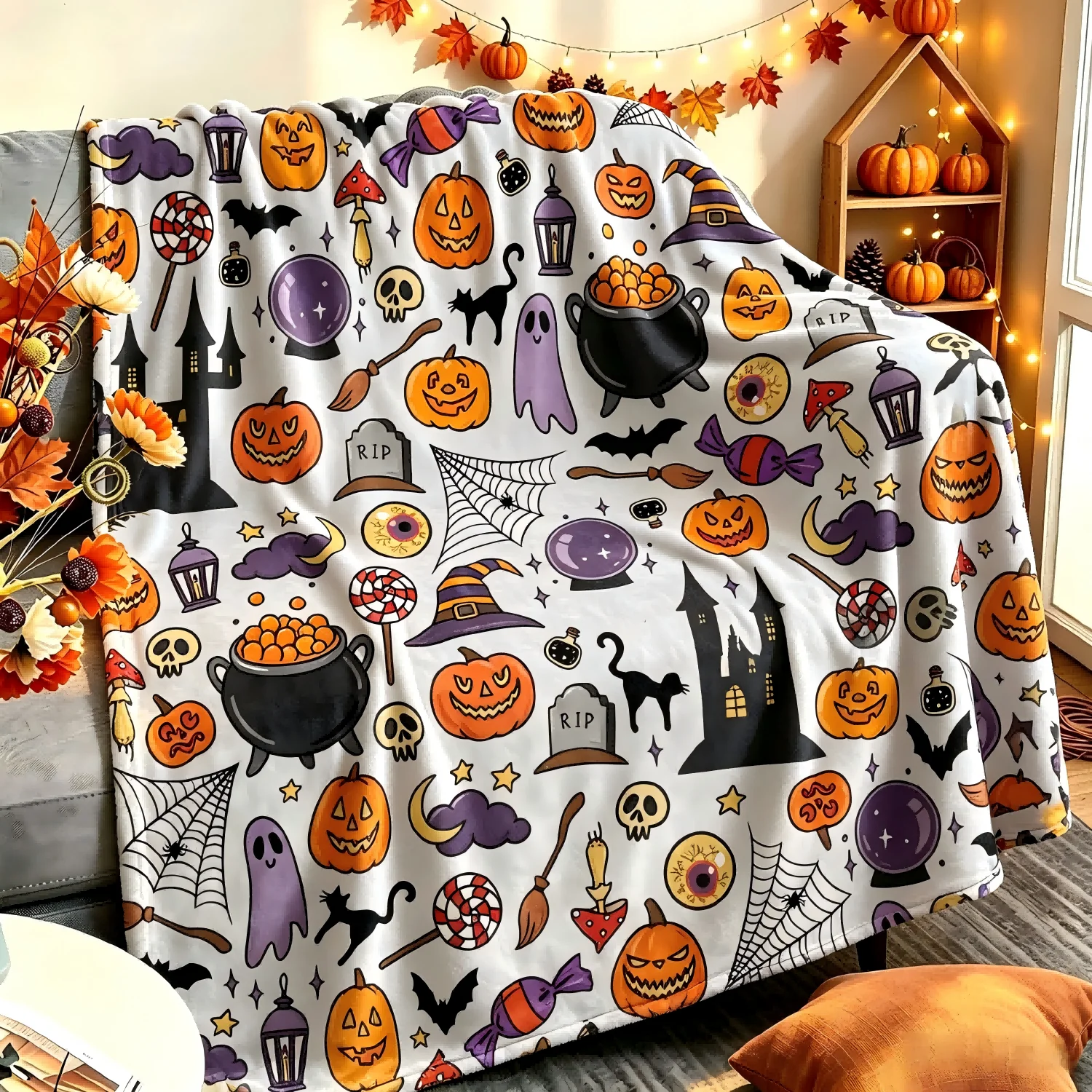 1pc Halloween X-mas Theme Blanket for Couch Throw Gifts Ghost Bats Reindeer Flannel Thin Blankets Festival Gifts Four Season Use