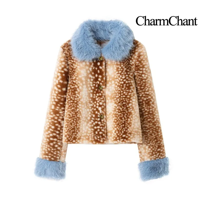CHARMCHANT Women's Deer Print Faux Fur Cropped Jacket Retro Y2K Blue Contrast Oversized Plush Collar Wide Cuffs Cute Winter 2026