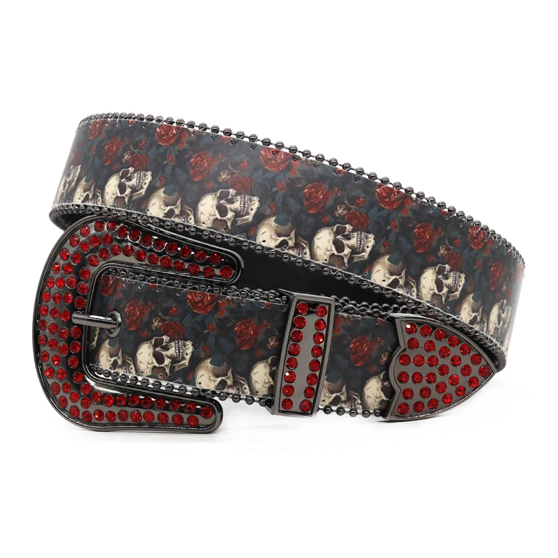 

GGSIMON Skull Western Rhinestones Belts Diamond Studded Men Women Y2K Leather Strap Buckle Cowboy Ceinture Femme For Jeans