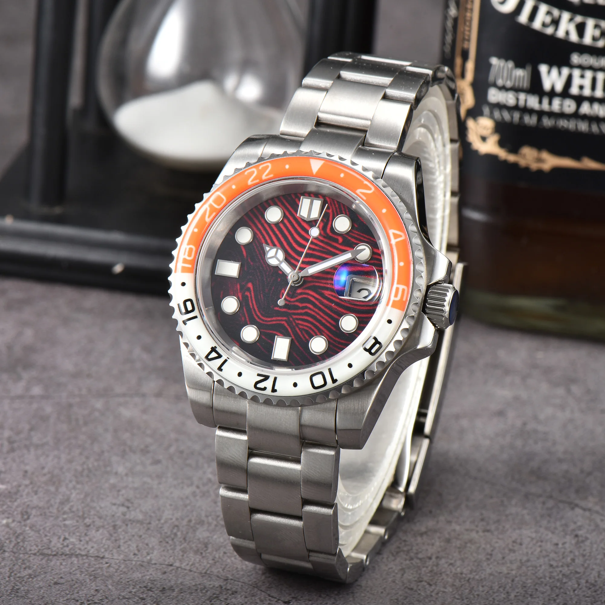 OUMASHI 40mm Red Line Full Night Glow Bezel Men\'s Automatic Mechanical Watch NH35A Stainless Steel Sapphire Glass