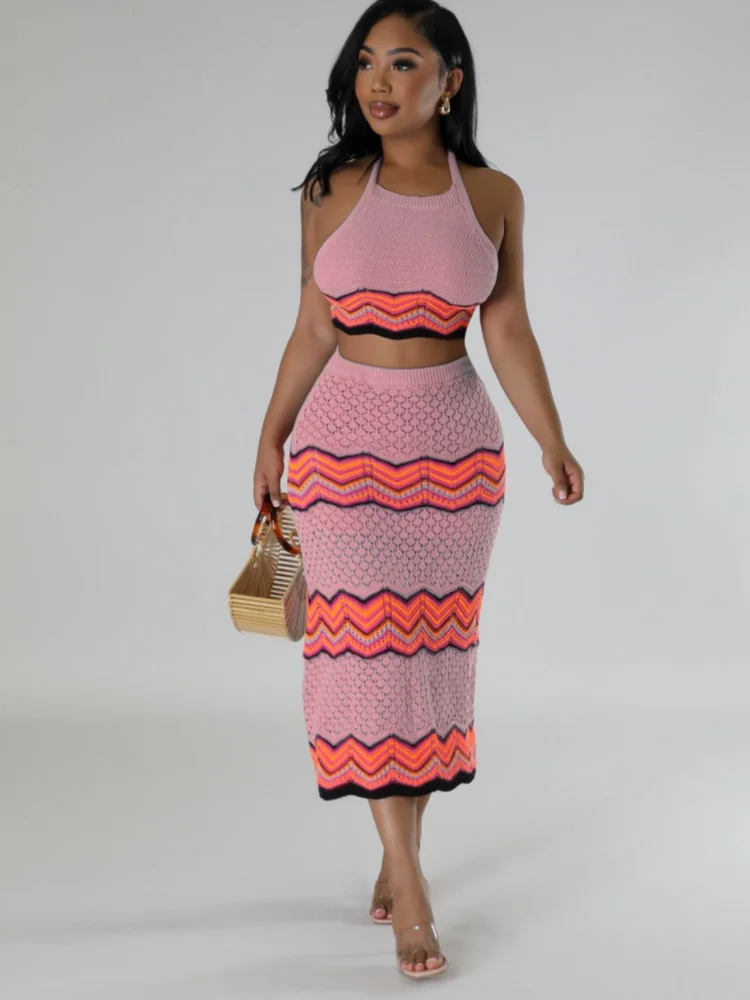 

JRRY Casual Women Set Halter Backless Crop Top Short Skirt Two Pieces Set Print Dress Sets