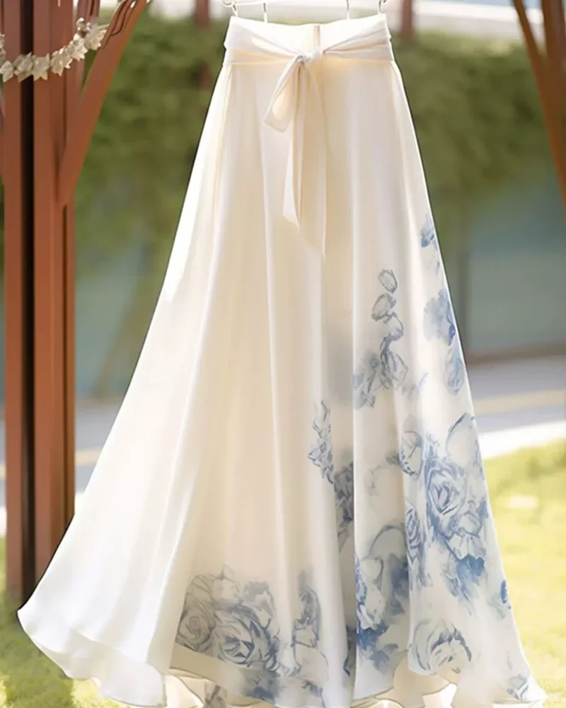 

Elegant Flower Printed Chiffon Skirt for Women Vintage A Line Long Skirts Elastic High Waist Korean Lace-Up Midi Skirt Harajuku