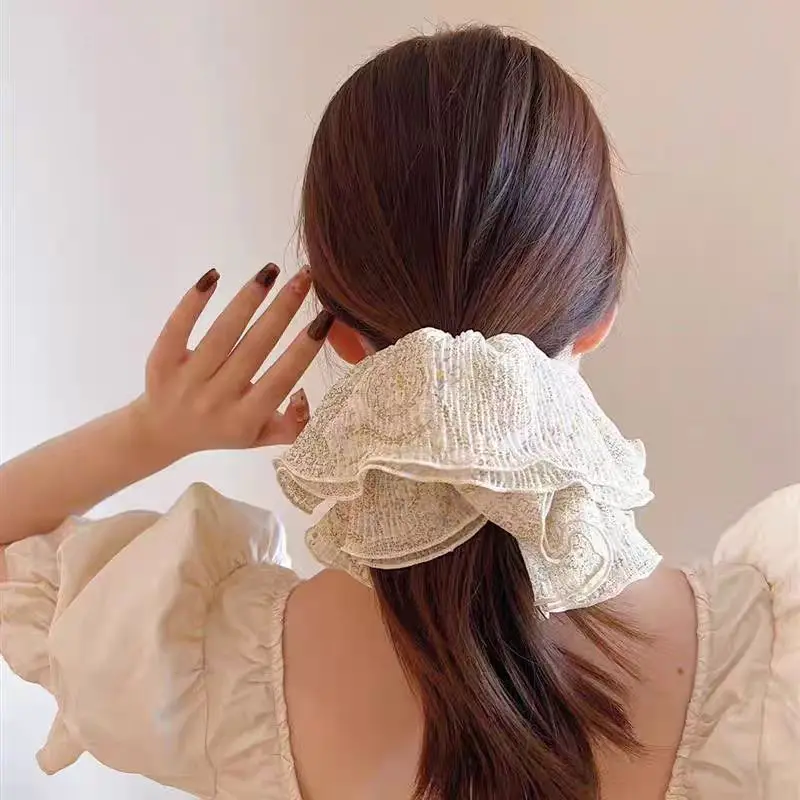 

2025 Korean new high-end solid color fabric shaved flowers pastoral Korean sweet and versatile style large-size hair ring