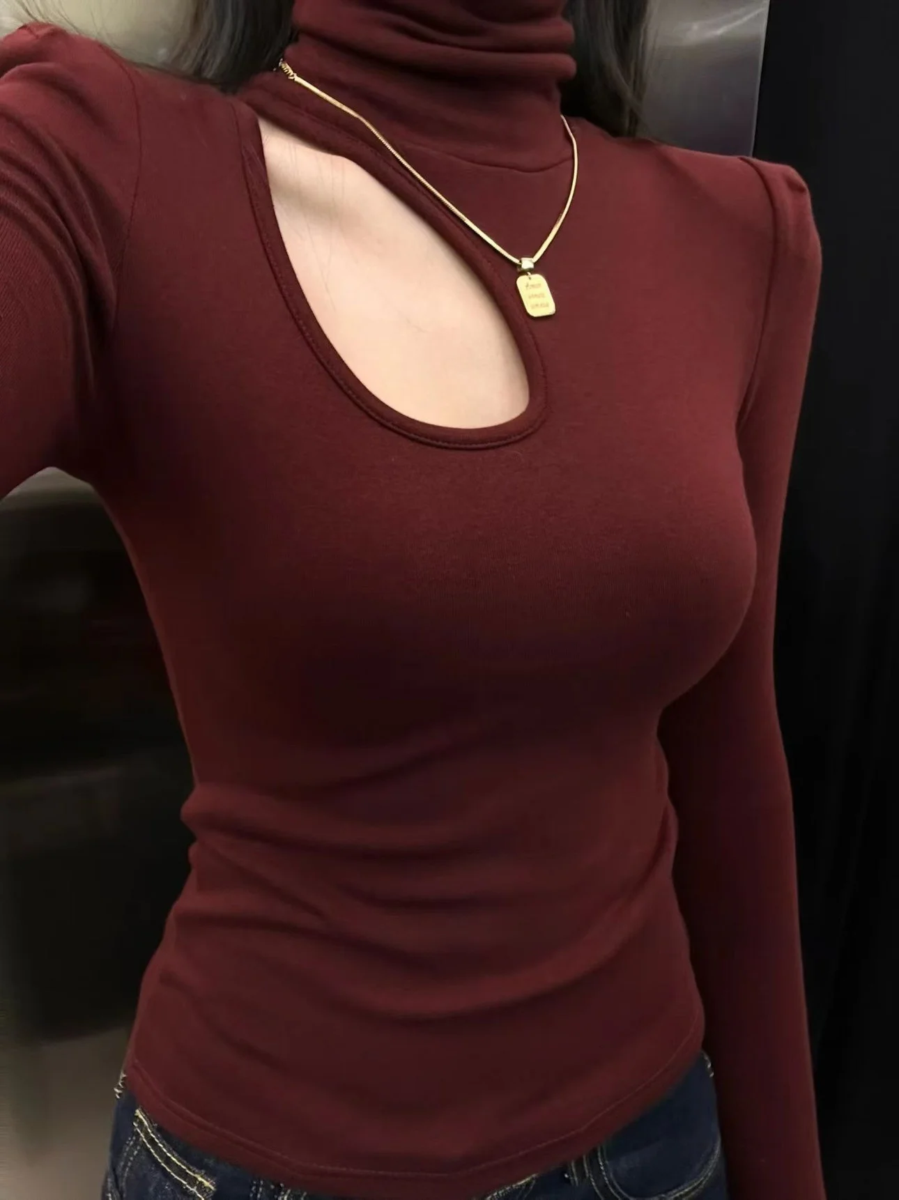 Quente fce forrado gola alta oco design fino ajuste oulder pad camiseta feminina coreano sle commute algodão longo sve