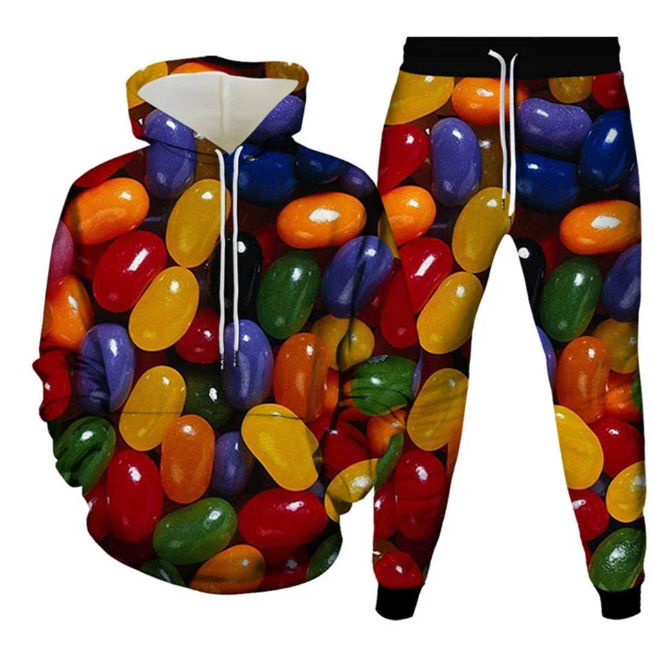 Autunno Candy Chocolate Pizza Felpa con cappuccio stampata in 3D Felpa da uomo Pantaloni sportivi Moda Tuta a due pezzi Set Abbigliamento uomo