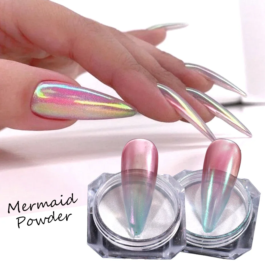 2pcs Rainbow Mirror Nails Glitter Powder Mermaid Unicorn Chrome Pigment Aurora Rub Dust Glimmer Manicure Decor Accessories Flash