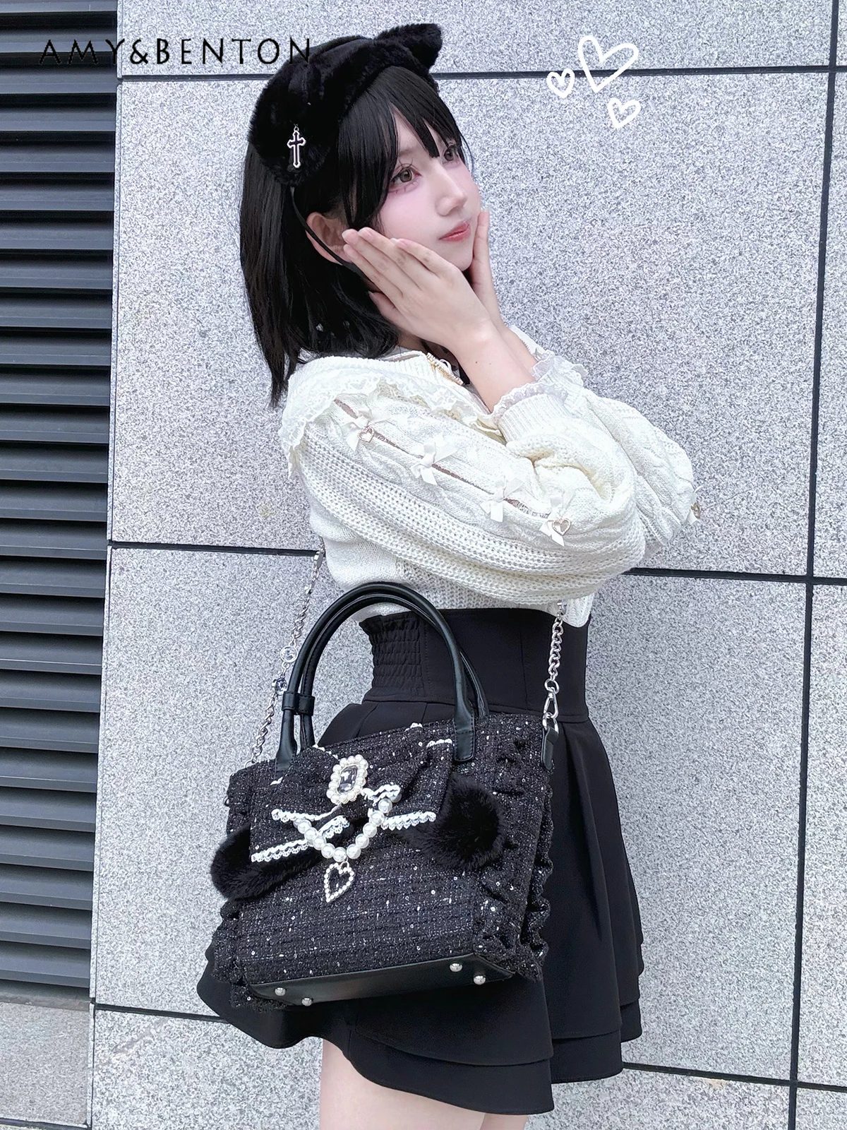 Sweet Cute Handbag Original Mine Series Mass-Produced Japanese Bow Beaded Plush Handbag Versatile Kawaii Woolen Crossbody Bag