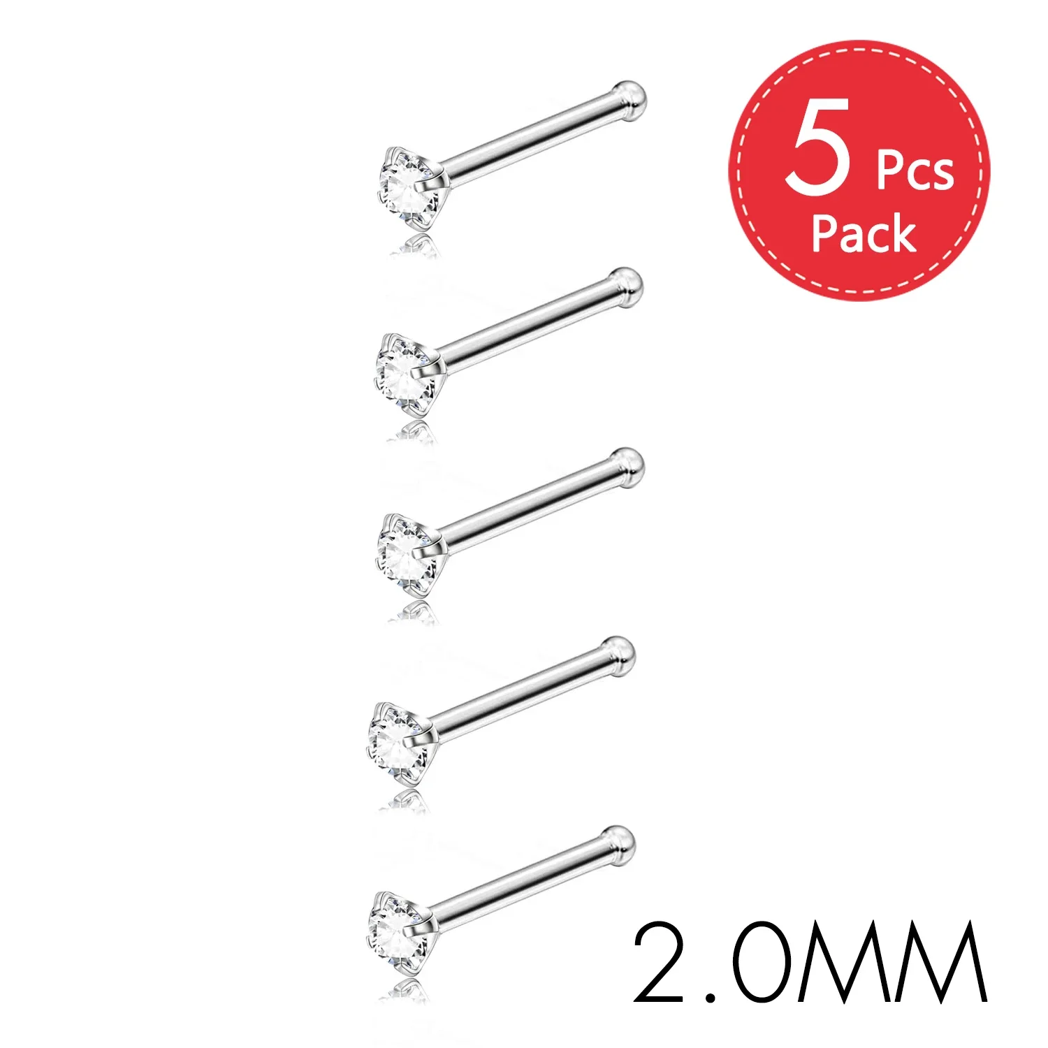 CZ Gem Stainless Steel Nose Piercing Studs, 5Pcs Set
