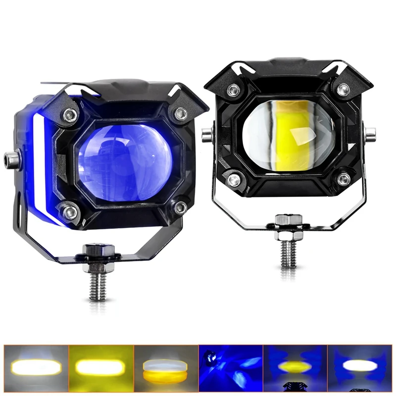 Motorcycle LED Spotlight DRL Angel Eye Auxiliary Light For Car Tractor Truck ATV UTV SUV Boat, White+Amber+Blue Light