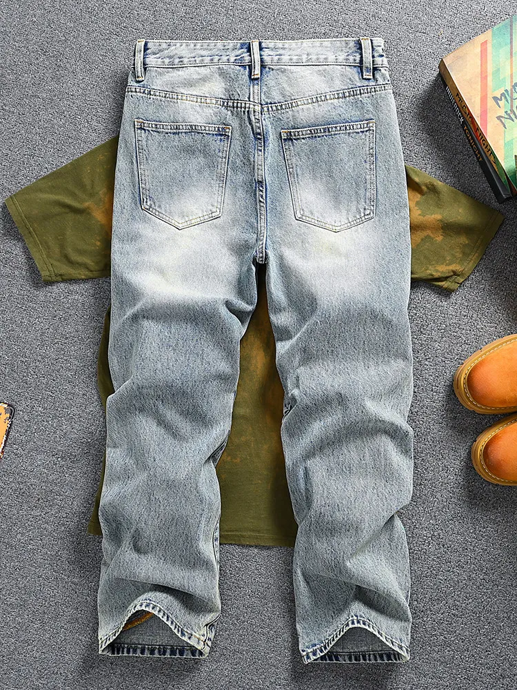 Men's American Vintage Moto Jeans, Distressed Washed & Pleated Patchwork, Loose Straight Wide Leg Denim Pants
