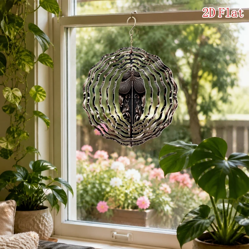 2D Flat Metal Elegant Gemstone- Inspired Pattern Metal 3D Rotating Wind Chime with , Outdoor Garden And Patio Decoration