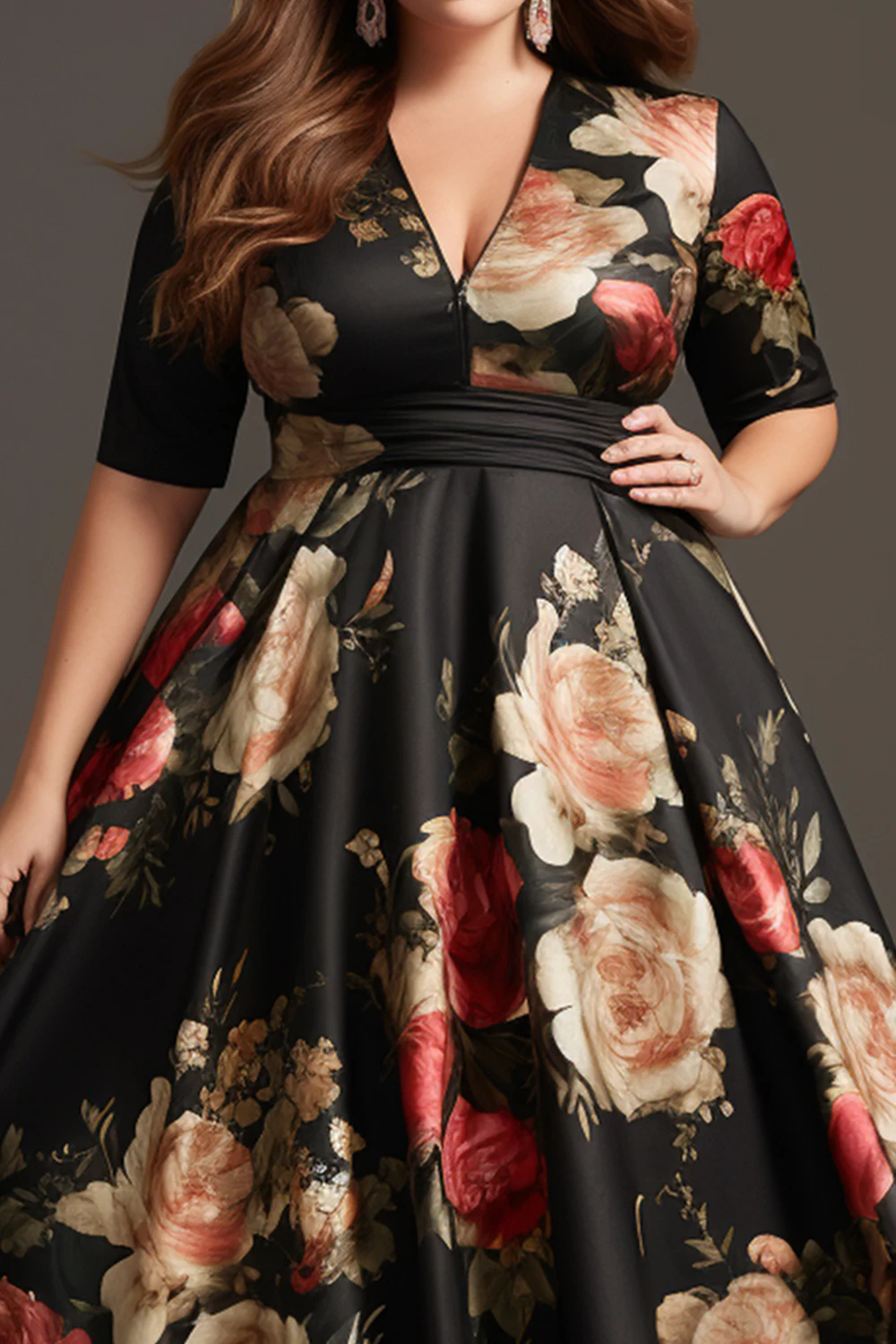 Flycurvy Plus Size Wedding Guest Dresses Black Satin Floral Print Half Sleeve V Neck Tea-Length Dress