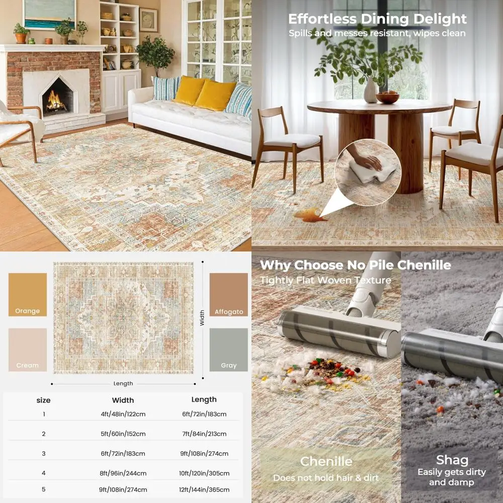 Kokia Living Room Area Rugs 8x10 - Bohemian Style, Thin, Non-Slip, Stain Resistant, Vintage Orange Oriental Print, Foldable