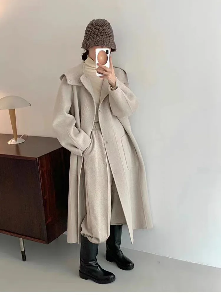 2024 Mid-Length Autumn and Winter Hooded Double Sided Cotton Cashmere Coat Female 100% Wool Loose Thick Woolen Coat