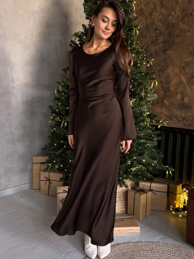 Fdyoui elegante o pescoço manga longa rendas marrom festa vestido de noite feminino túnicas de cintura alta bandagem magro cetim vestidos longos