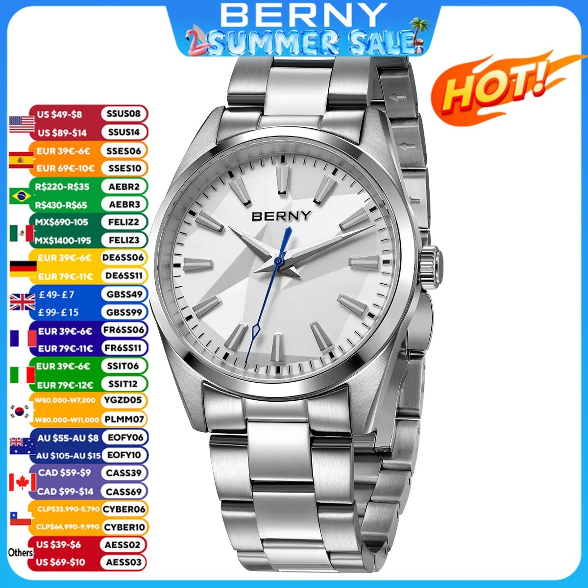 

BERNY Men's Watch Quartz 100m Resistance 316L Stainless Steel Sapphire AR Coated Lens Stereo Dial Watch 39mm WristWatch for Men
