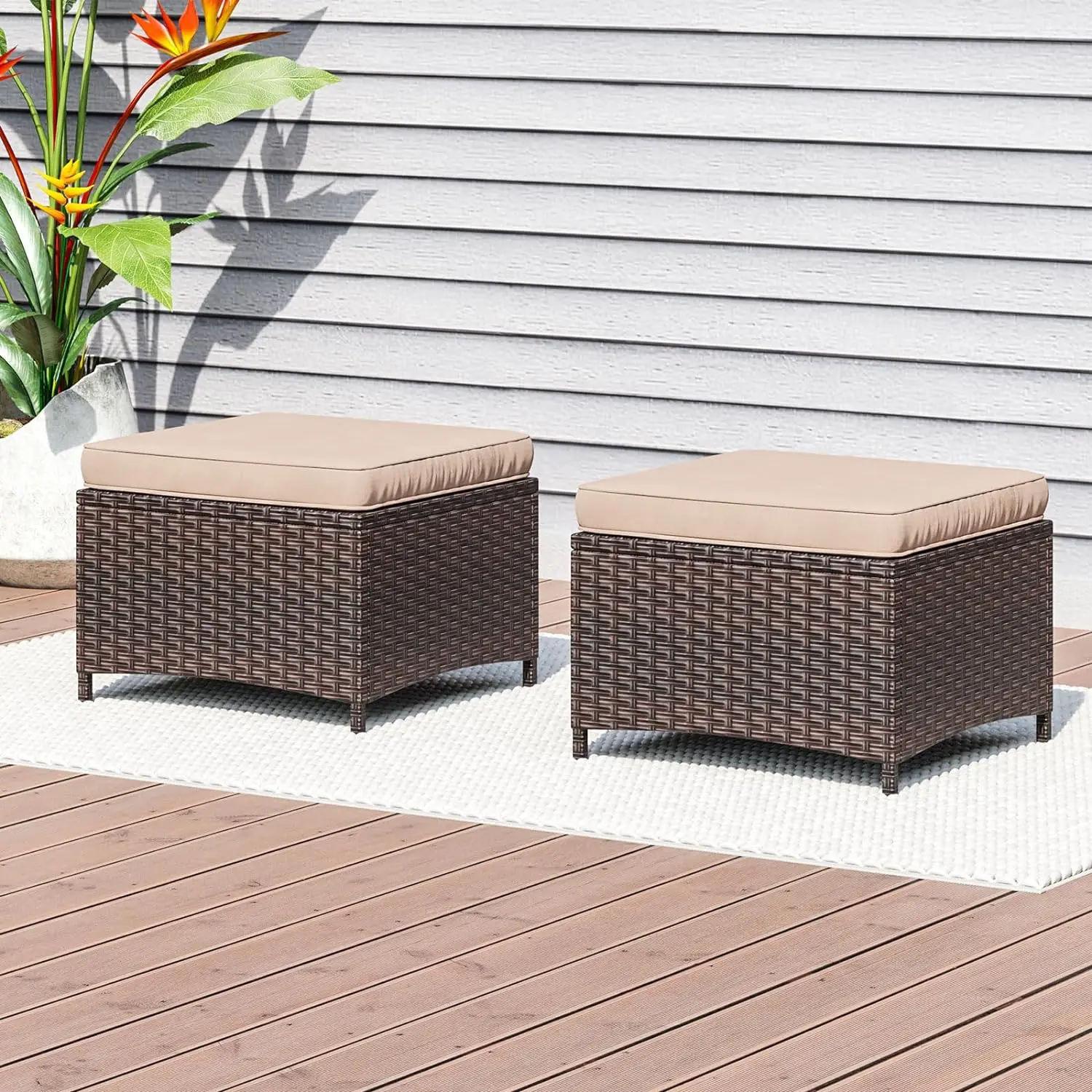 

2 Pcs Patio Ottomans, Rattan Wicker Ottoman Seat, Patio Rattan Furniture, Outdoor Footstool, Footrest Seat w/ Removable Cushions