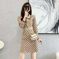 #0947 Khaki Sweater Dress Polo Neck Buttons Vintage Mini Dress Slim Fit Knitted Short Dress Female Sexy Short Retro Pencil Dress