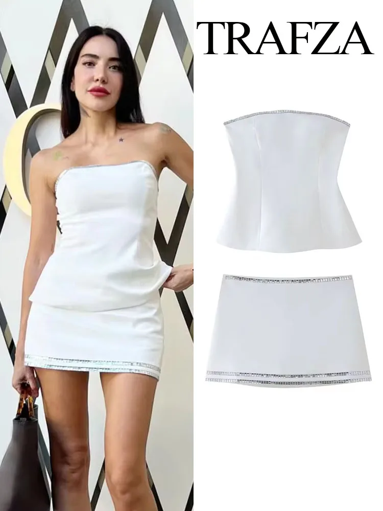 

TRAFZA Women Summer Suit Chic Jeweled Decoration Sexy Sleeveless Strapless White Tops+High Waist A-line Short Skirt 2 Piece Set