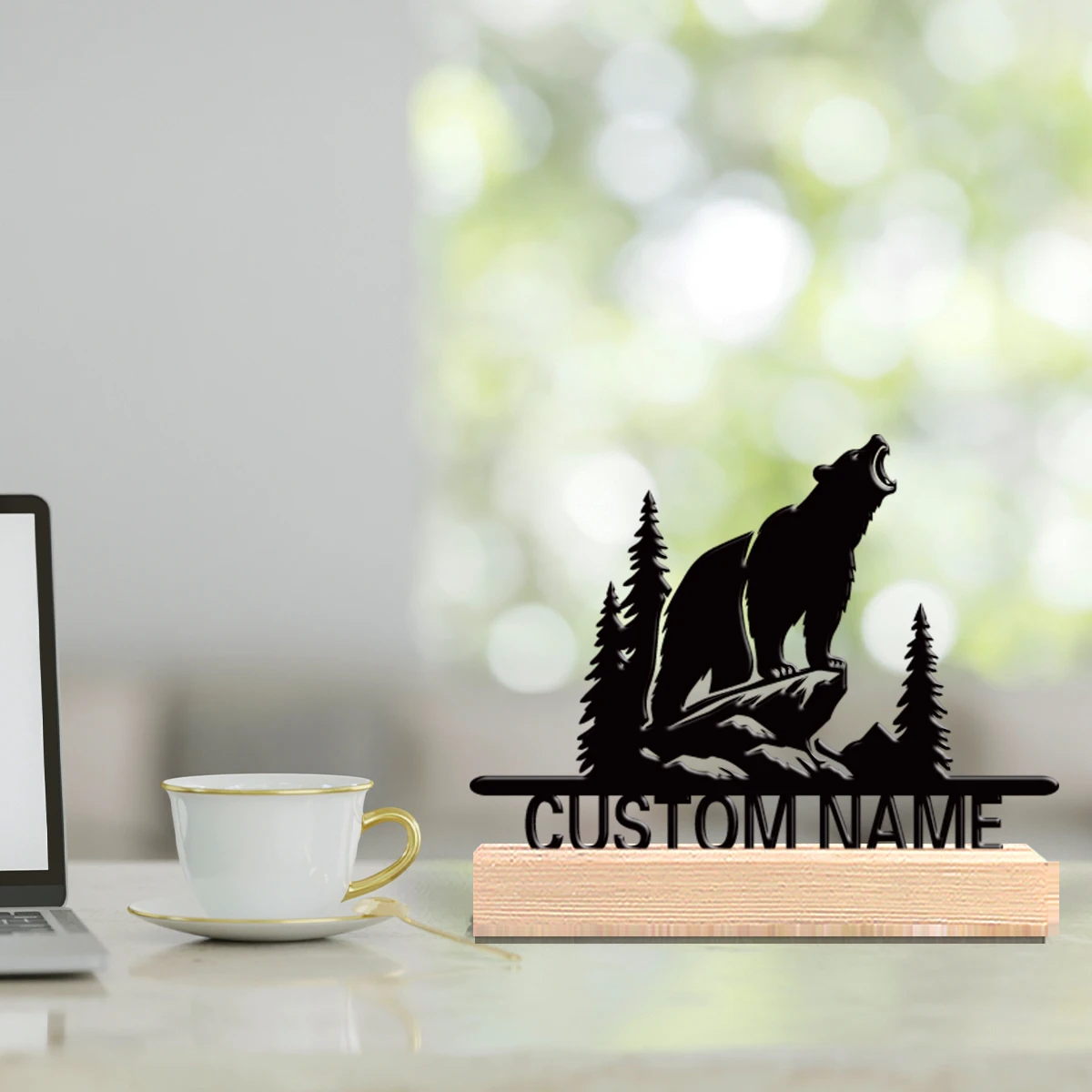 1pc Stylish Personalized Custom Bear Metal Statues Adventure Desk Sculpture with Wooden Base Perfect for Hikers Campers Nature