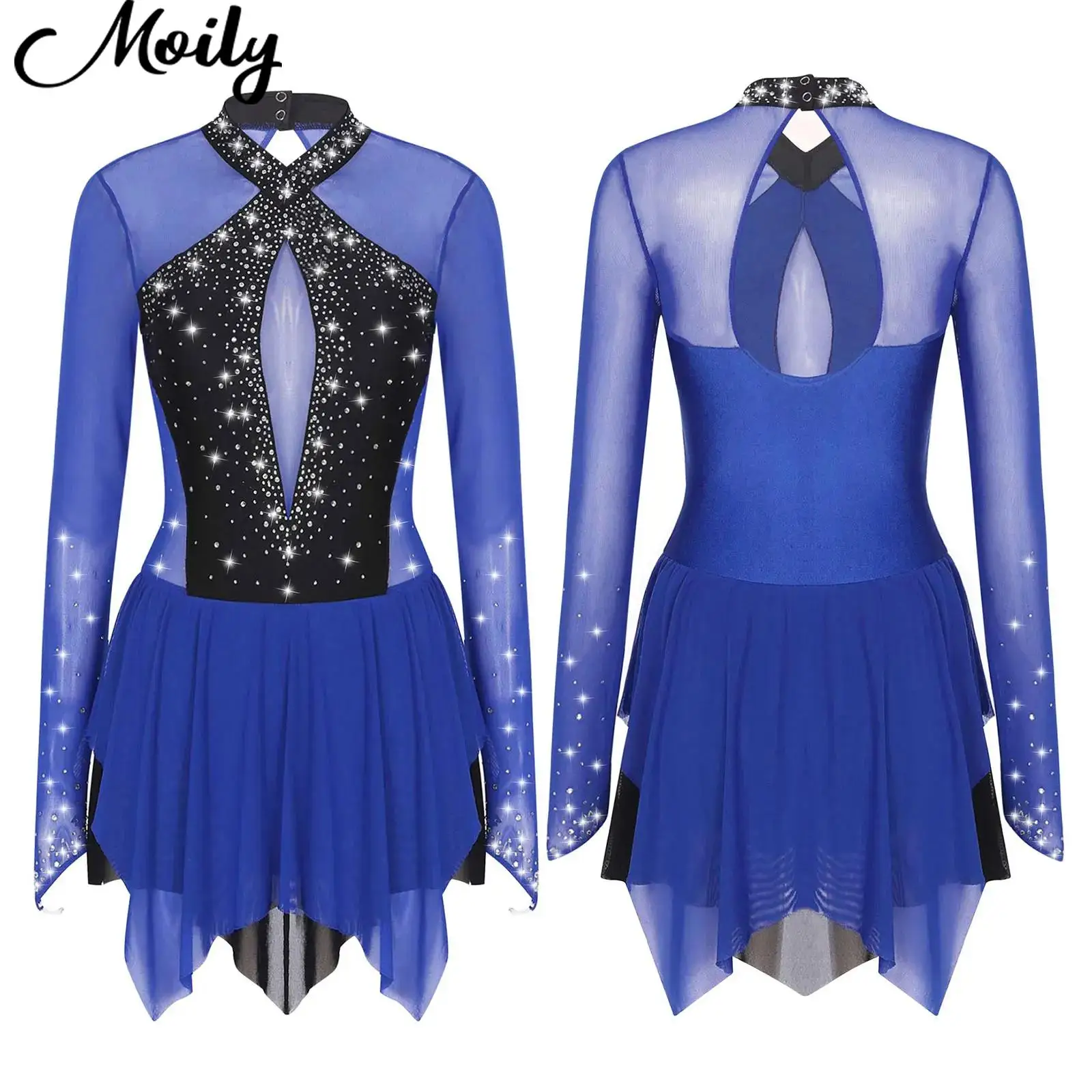 

Womens Long Sleeve Ballet Lyrical Dance Dress Rhinestones Hem Dresses Contemporary Dancing Leotards Stage Performance Costumes