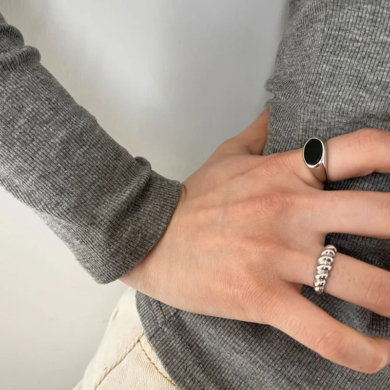 925 Sterling Silber Ellipsenförmiger schwarzer Zirkon-Ring, verstellbar, für Damen, modisch, mit Persönlichkeit, schlicht, klassisch, für den Alltag, feiner Partyschmuck