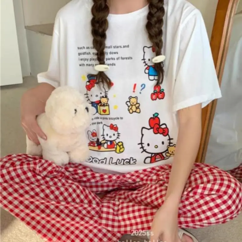 Hello Kitty Pajamas Suit Girls Short-Sleeved Tops Y2K Short-Sleeved Plaid Pants Cute Versatile Loose Casual Sports Home Clothes